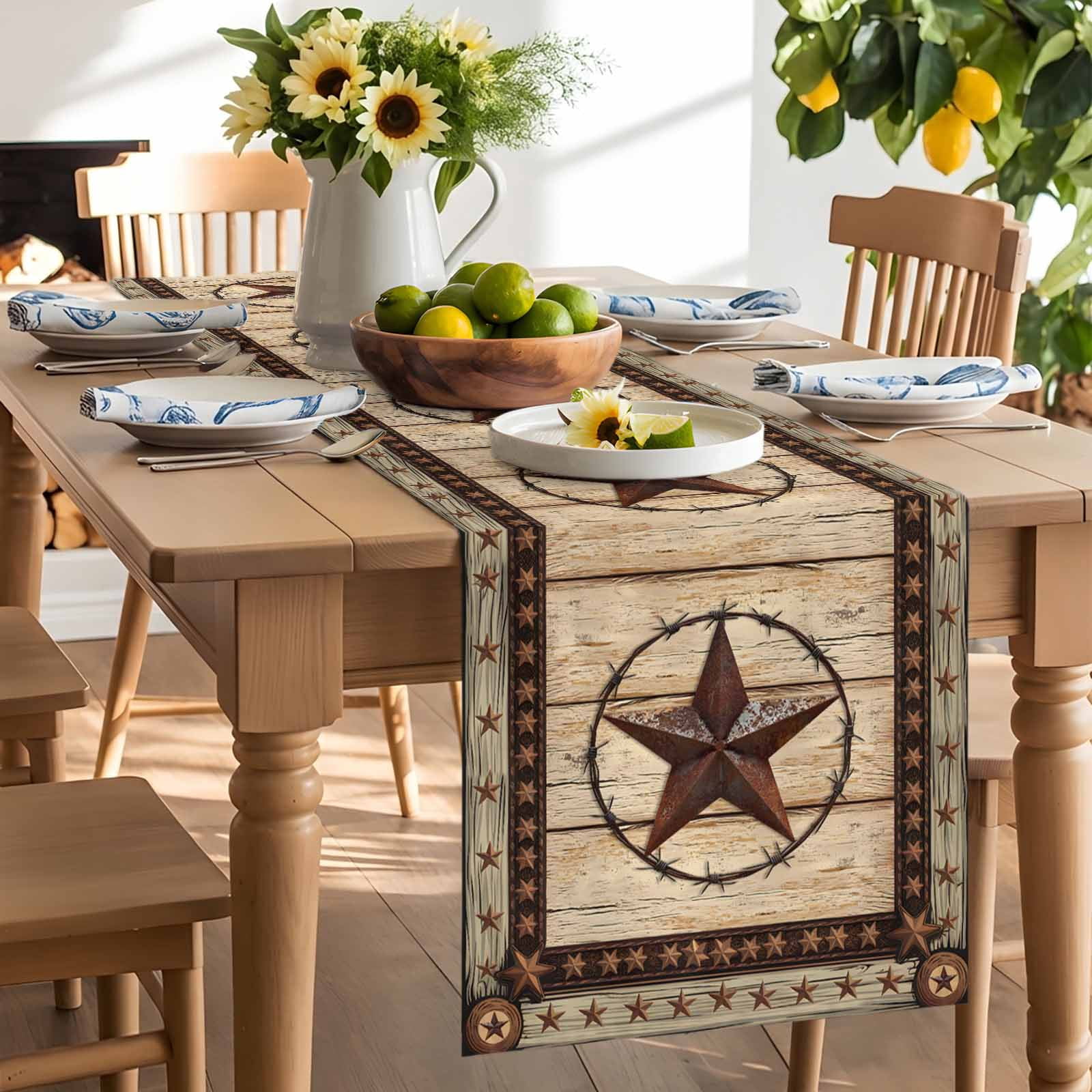 Retro Rustic Texas Country Star Table Runner 90 Inches Long, Farmhouse Vintage Wood Barn Table Runners Tabletop Scarf Kitchen Dining Tables Decoration for Home Party Indoor Outdoor