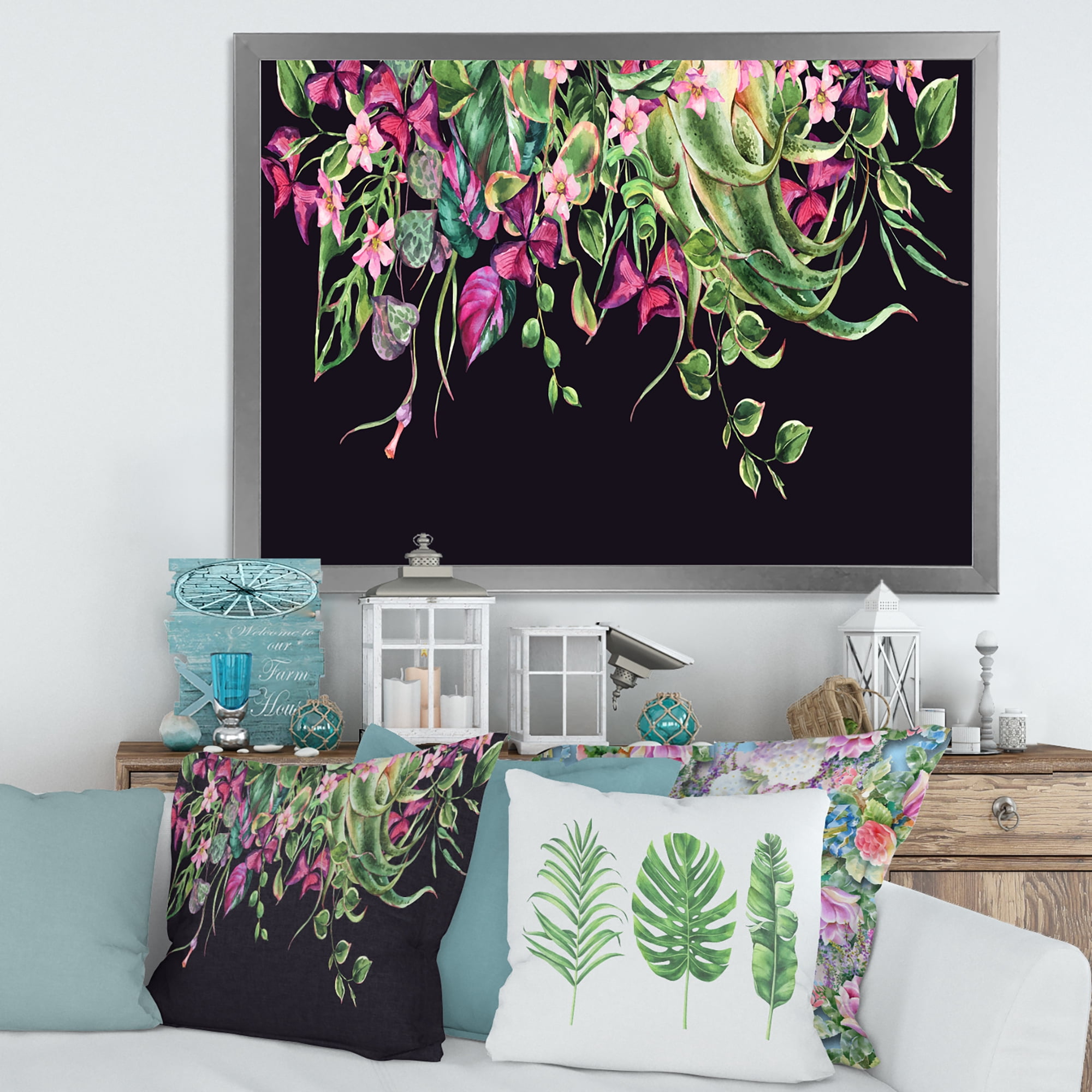Designart 'Floral Tropical Leaves On Black Background' Farmhouse Framed Art Print