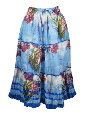 Mogul Women Summer Beach Cotton Tiered Printed Long Skirts