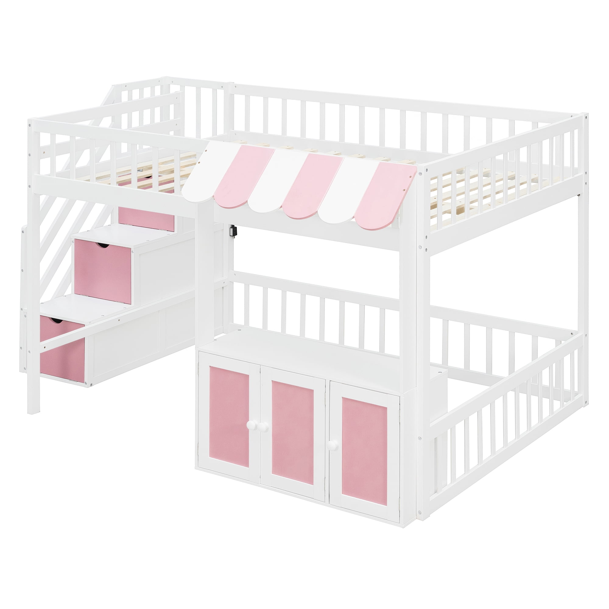 Mintazer Full Size Loft Bed with Play Storefront & LED Lights, Kids Loft Bed with Guardrail and Storage Staircase & Cabinet for Bedroom, White & Pink