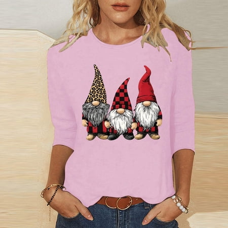 Kctiaxy Pink 3/4 Length Sleeve Womens Tops Casual Solid Color Womens Tops Ladies Christmas Fashion Printed Crew Neck Pullover Shirts XXL