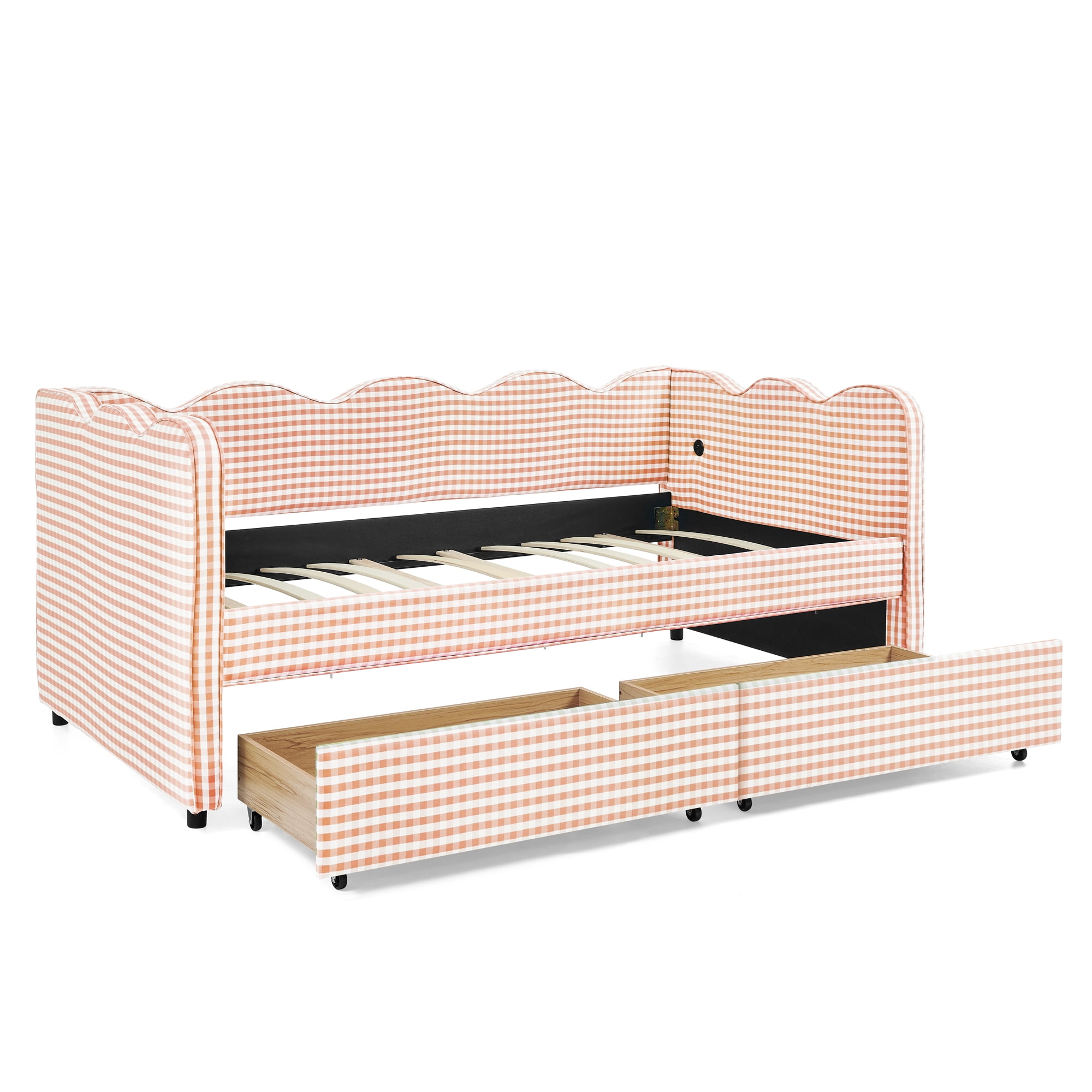 GARITIN Twin Size Daybed with 2 Storage Drawers, Gingham Sofa Bed with USB Port and Wavy Headboard for Kids Room, Pink