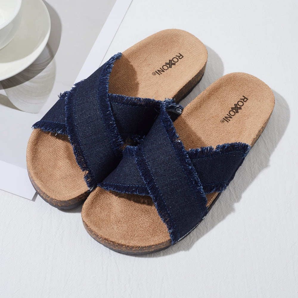 Roxoni Women’s Cross Strap Slide Sandals Denim Open Toe Comfort Slippers Cork Footbed Casual Summer Indoor Outdoor Footwear