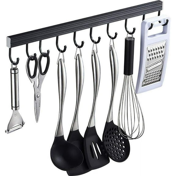 Aluminum kitchen utensil holder bar with 14 mobile hooks Kitchen utensil holder rail with a load capacity of 20 kg,