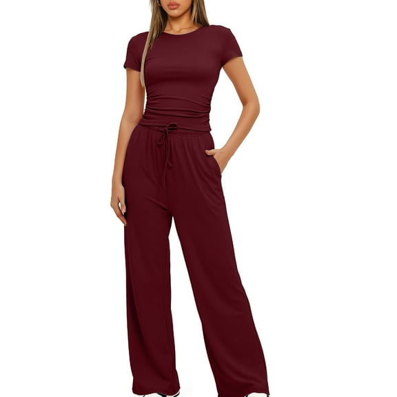 tarylea Womens 2 Piece Lounge Outfits Short Sleeve Crew Neck Crop Tops Drawstring Elastic Waist Straight Leg Pants Casual Comfy Stretch Sets
