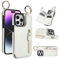 Cutyskin for iPhone 15 Pro Wallet Case【RFID Blocking】 with Card Holder Cash Pocket Zipper Bills Slot, Soft PU Leather Magnetic Back Folio Kickstand, Finger Ring Holder Hook Phone Case, White