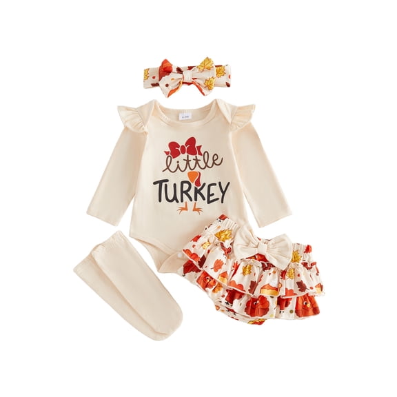 RUINIXCW Baby Girls Thanksgiving Outfits Flying Sleeve Letter Print Romper Turkey Print Tiered PP Shorts Headband Leg Warmers Sets