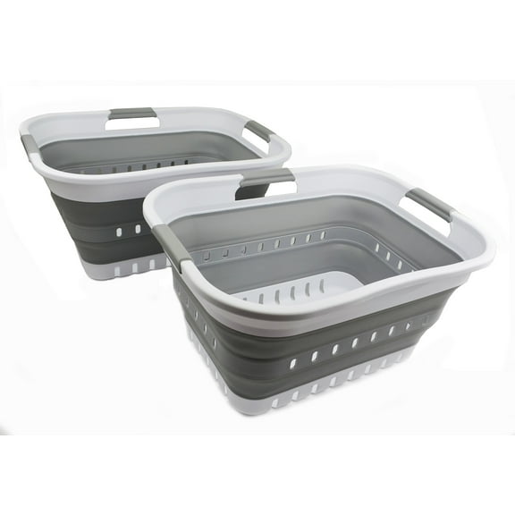 SAMMART Set of 2 - 30L (8 gallon) Collapsible Plastic Laundry Basket - Foldable Pop Up Storage Container / Organizer - Space Saving Hamper / Basket