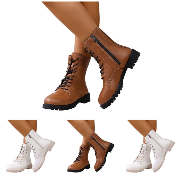 Pandaie Ankle Boots for Women Comfortable Lace up Combat Fall Booties 2025 Low Heel Lug Sole Side Zipper Motorcycle Riding Shoes White 6