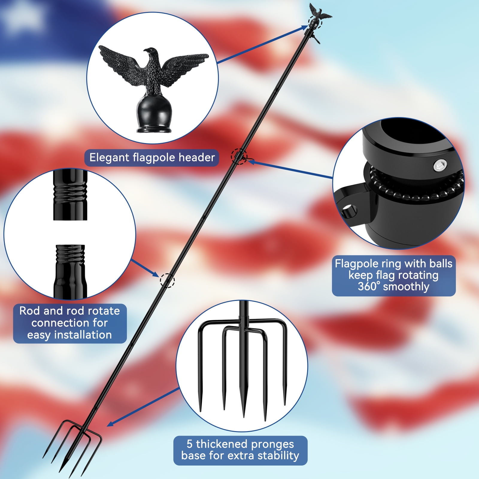 FIASON 1 Pack 10 FT Black Stainless Steel Flag Pole with Eagle Topper, Solar Light & 5-Prong Base, Tangle-Free Heavy Duty Flagpole Kit for Yard Commercial Outdoor Use, Without Flag