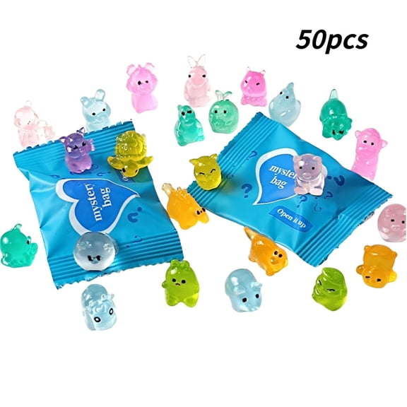BINGLI 50 Pcs Glow in The Dark Mini Resin Animals,Mystery Blind Bags Bulk Assortment with Tiny Miniature Figurines for DIY Crafts,Fairy Garden Decor,Dollhouse Accessories,Party Supplies
