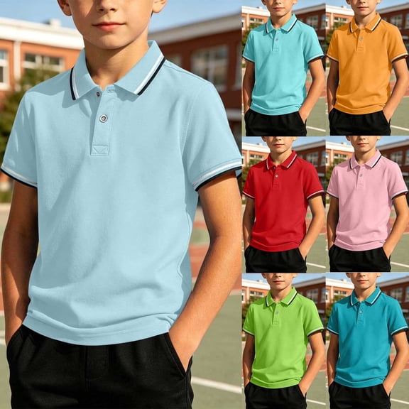 QIUOMBBP Stripped Tops Cotton for Boys Summer Collar Short Sleeve Shirts Basic Back to School Outfits Pink L