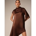 thumbnail image 4 of Brown Asymmetrical Drape Mini Dress With High Mock Neck And Short Sleeves Elegant Evening Guest Wear, 4 of 5