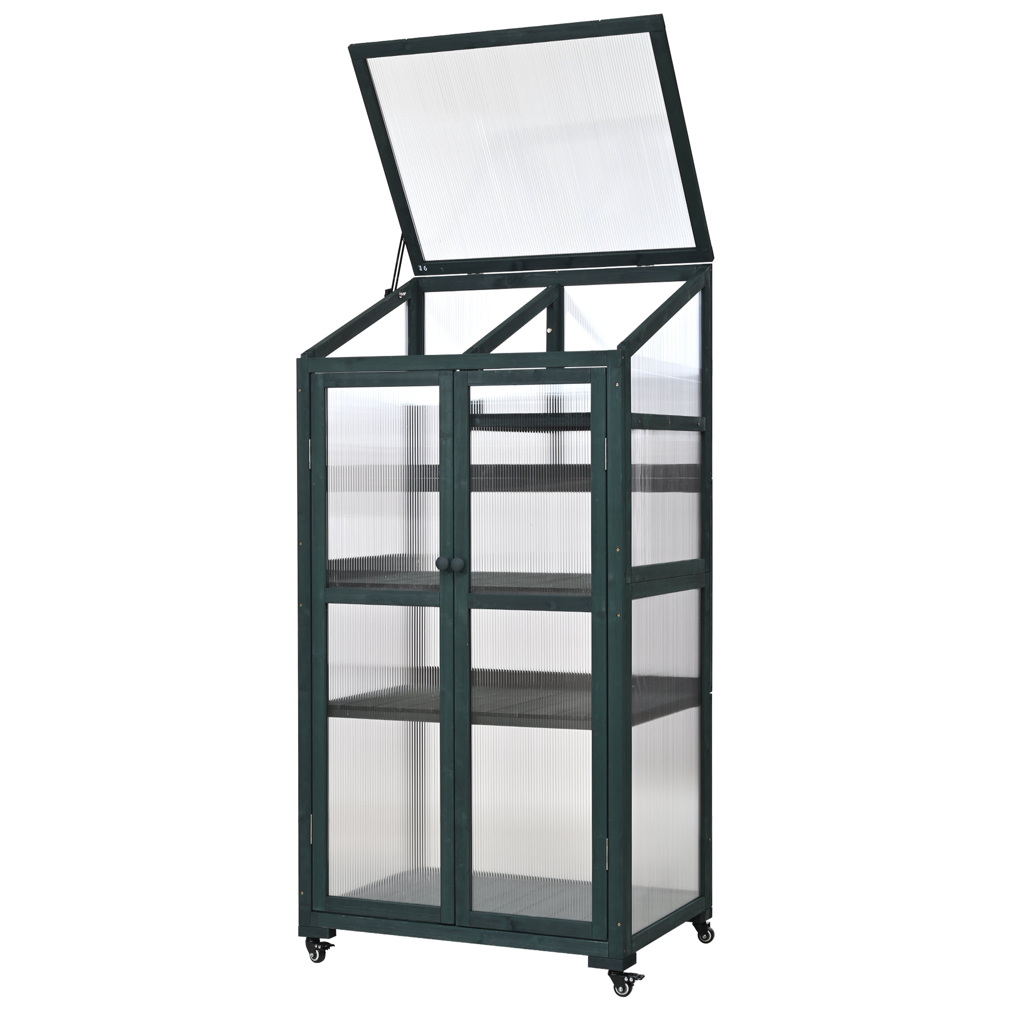 Harper & Bright Designs Wood Cold Frame for Garden with Movable Wheels, Outdoor Greenhouse with Openable Roof and Adjustable Shelves, Green