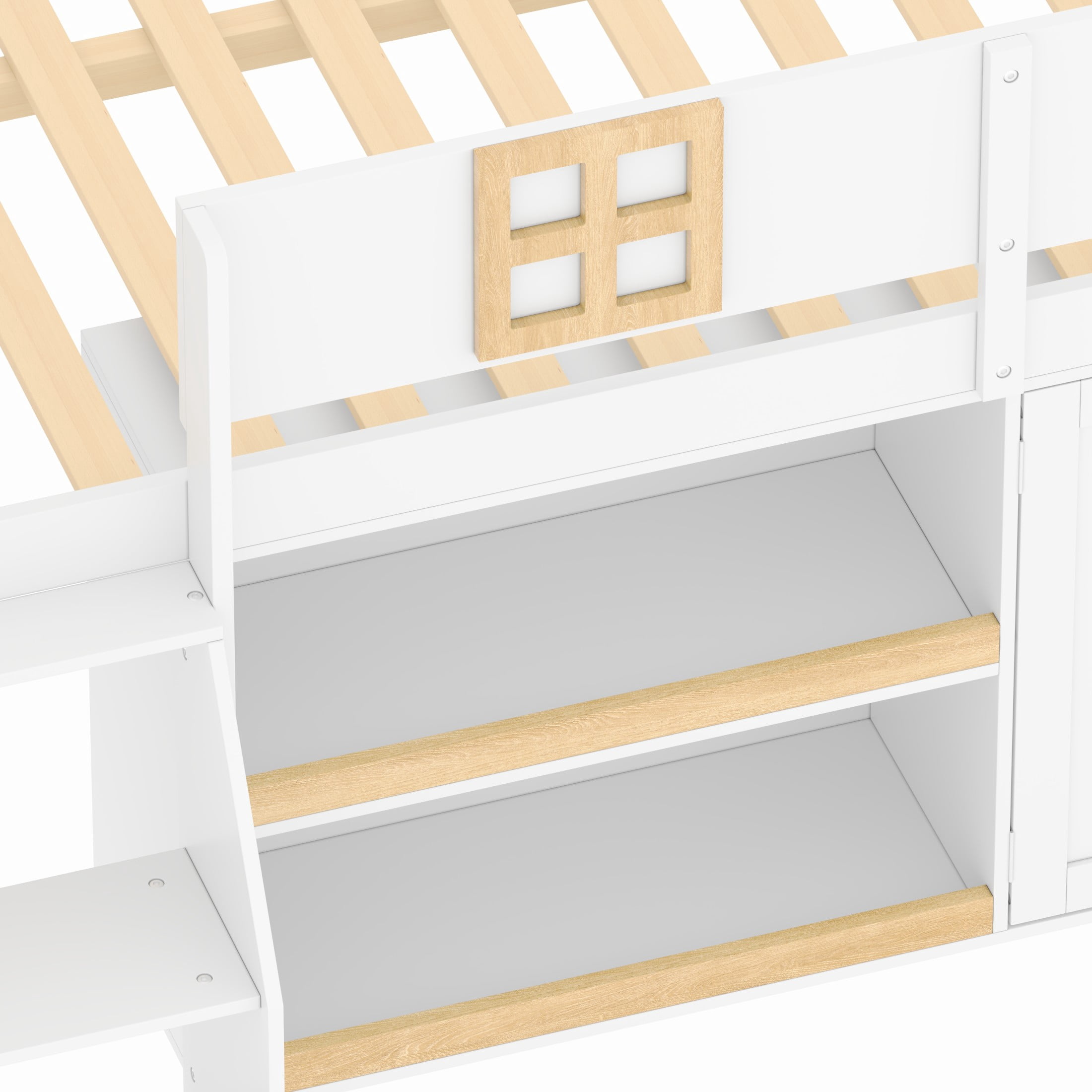 Noble House Harley Full Size Low Loft Bed with Storage Staircase and Cabinets, Wood House Bed, LED Lights, White