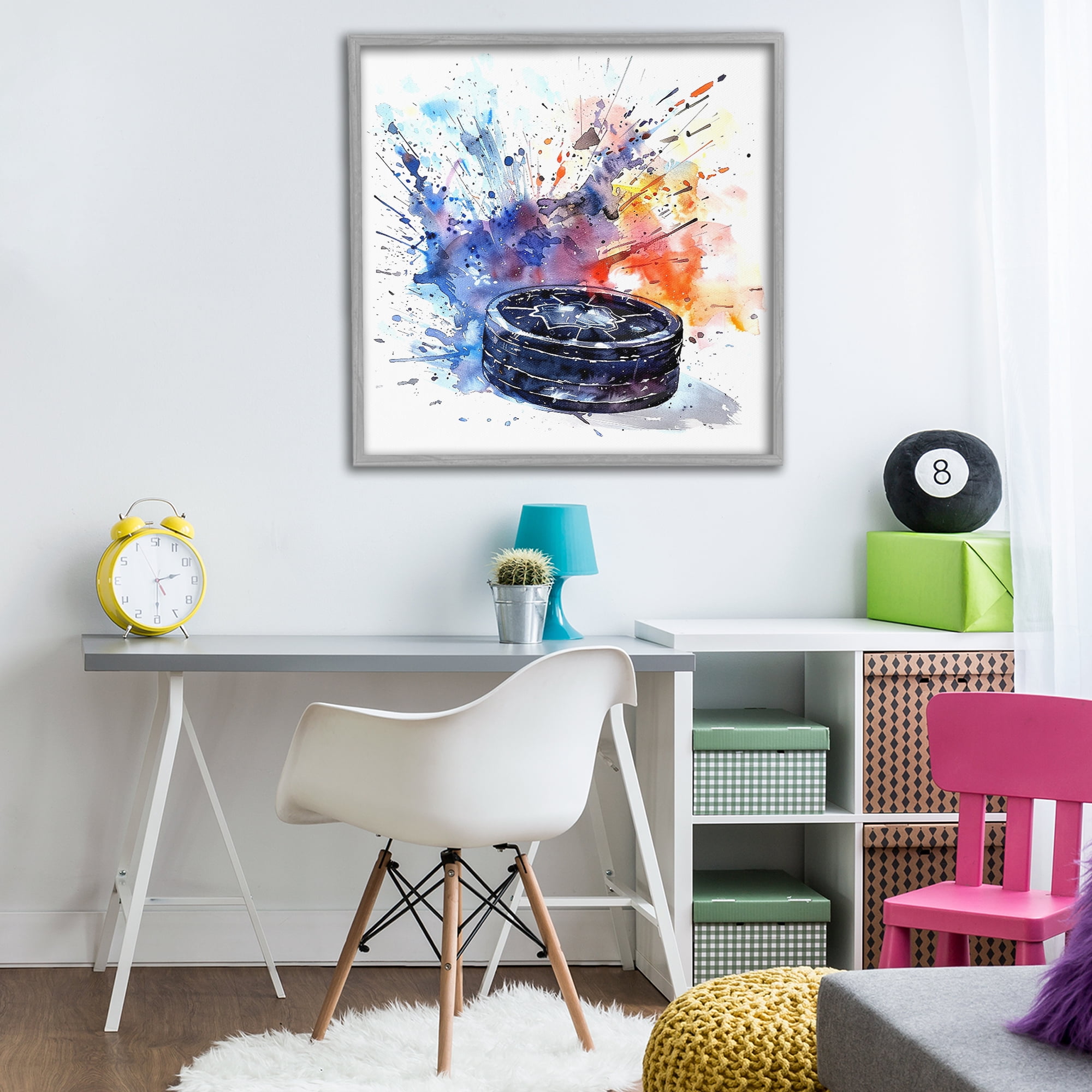 Stupell Industries Hockey Splash Watercolor Burst Gray Framed Giclee Art, design by LSR Design Studio