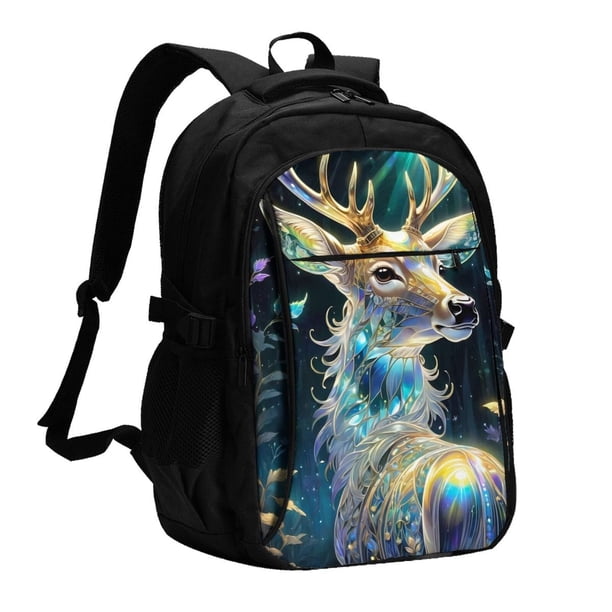Balery Colorful Stained Glass Deer Mochila con carga USB para hombre y mujer - Mochila impermeable y antirrobo para portátil con puerto USB para viajes, trabajo, estudios y universidad