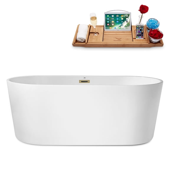 62" Streamline N2180BBR Soaking Freestanding Tub and Tray With Internal Drain in Brushed Brass