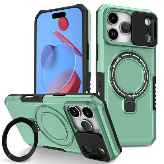 for iPhone 17 Pro Max Case with Camera Sliding Cover, [Compatible with MagSafe] with Magnetic Ring Kickstand, Military Grade Heavy Duty Protection Phone Case for iPhone 17 Pro Max, Lightgreen