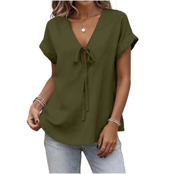 MaFYtyTPR Women's Summer V-Neck Blouse Fashion Solid Color Short Sleeve Tie Front Loose Fit Casual Tops A-Army Green L