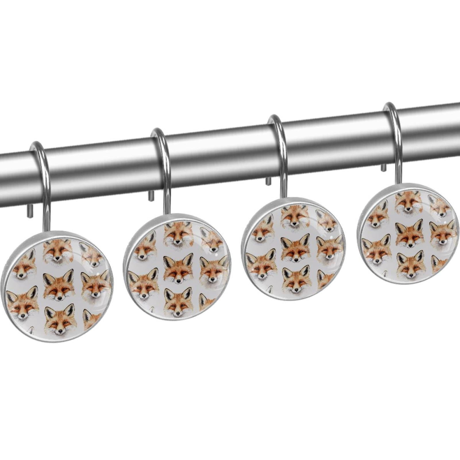 Watercolor Foxes Shower Curtain Hooks Round Crystal Glass, Set of 12 Shower Curtain Rings - Shower Hooks for Curtain Shower Rings