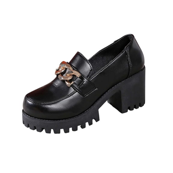 Black Women Platform Loafers Casual Shoes Round Toe Chunky Heel Comfortable Footwear Lightweight Indoor Outdoor Leisure Slip On With Thick Sole Design