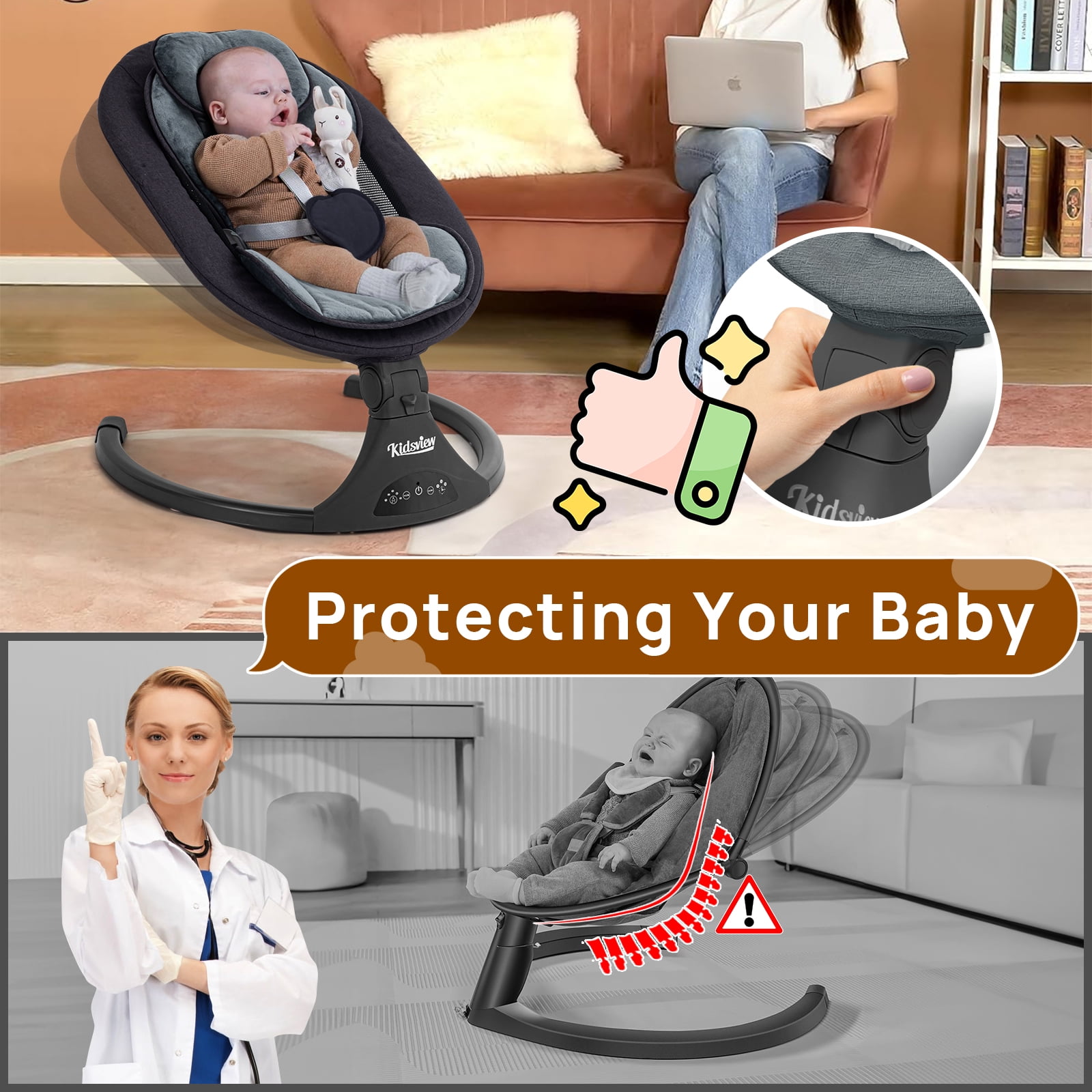 Electric Baby Swing for Infants ,Portable Baby Swing  with Timing Function 5 Swing Speeds Bluetooth Touch Screen,Music Speaker 12 Preset Lullabies for Babies 0-9 Months,0-20lb,Unisex,Black