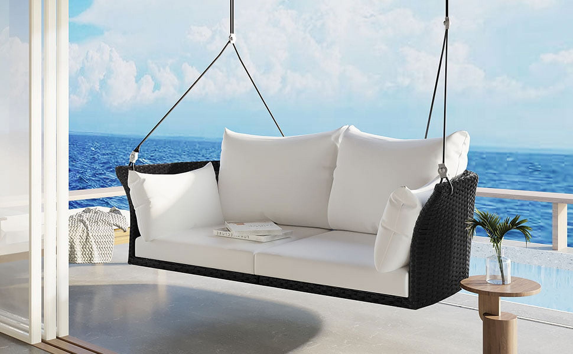 Wicker Rattan Outdoor Patio Swing Chair 2 Person Hanging Swing Bench 51.9 Rattan Woven Swing Chair Porch Swing With Ropes Poolside Gossip Collection Black Wicker and White Cushion Walmart