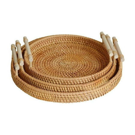 

Breakfast Tray Round Wooden Trays Rattan Storage Basket Fruit Hot D7 W2W5
