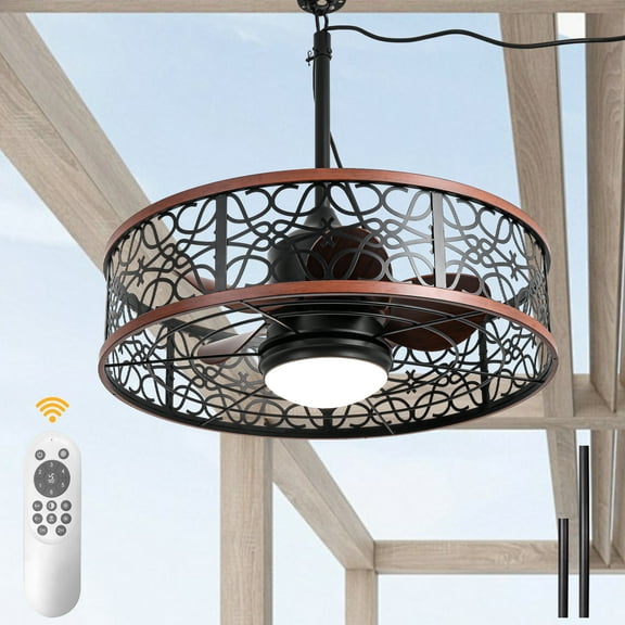 Chords Attic 24" Smart Outdoor Black Ceiling Fan with Dimmable LED Lights and Remote & APP Control, Waterproof Plug-in Caged Design