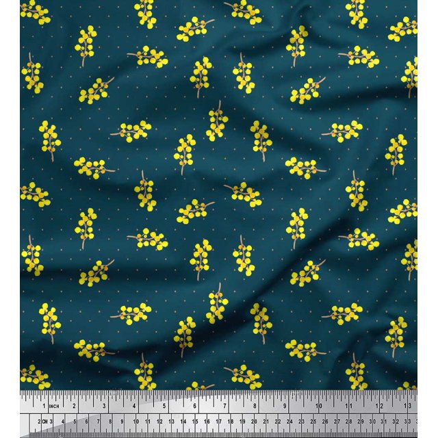 Soimoi Blue polyester Crepe Fabric Yellow Flower & Dots Print Fabric by the Yard 42 Inch Wide