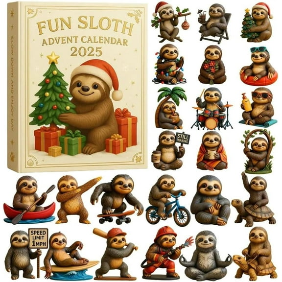 Fun Sloth Advent Calendar 2025, 24 Day Christmas Countdown Calendar with 24 Pcs Cute Collectible Sloth Ornaments, Holiday Advent Gift for Kids and Adults, Festive Home Decor(1pc)