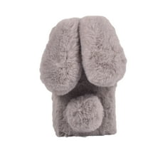 for iPhone 15 Plus Case for Girls, Luxury Women Cute Toy Warm Furry Fuzzy Soft Rabbit Ear Faux Fur Hair Plush Diamond Camera Frame Warm Winter Skin Case Cover for iPhone 15 Plus, Lightgray