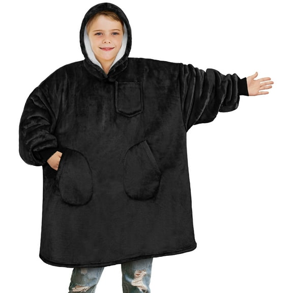 PAVILIA Wearable Blanket Sweatshirt for Kids Boy Girl, Warm Cozy Giant Hoodie with Two Pockets and Long Sleeves, Fleece Sherpa Oversized Hooded Blanket Pullover Gift for Teens Youths, Black
