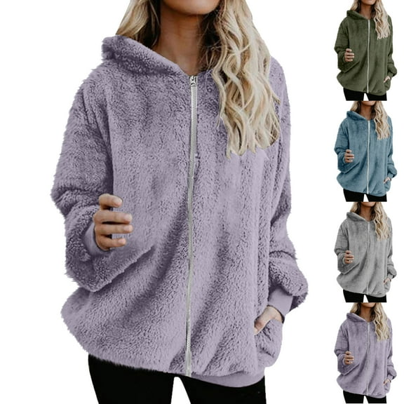 Admvng Coats for Women Plus Size Sherpa Fall Zipper Hooded Jacket Loose Long Sleeve Outwear with Pockets Womens Winter Coats S-5XL