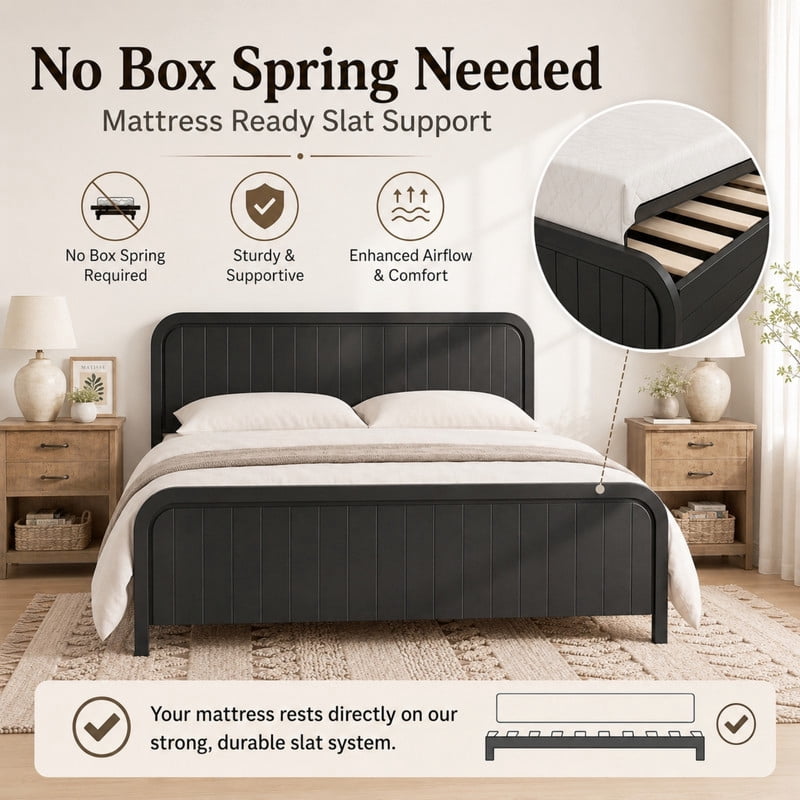 Queen Size Low Profile Bed Frame with Striped Headboard & Footboard, Wood Platform Bed with Slats Support & 7'' Under-Bed Space