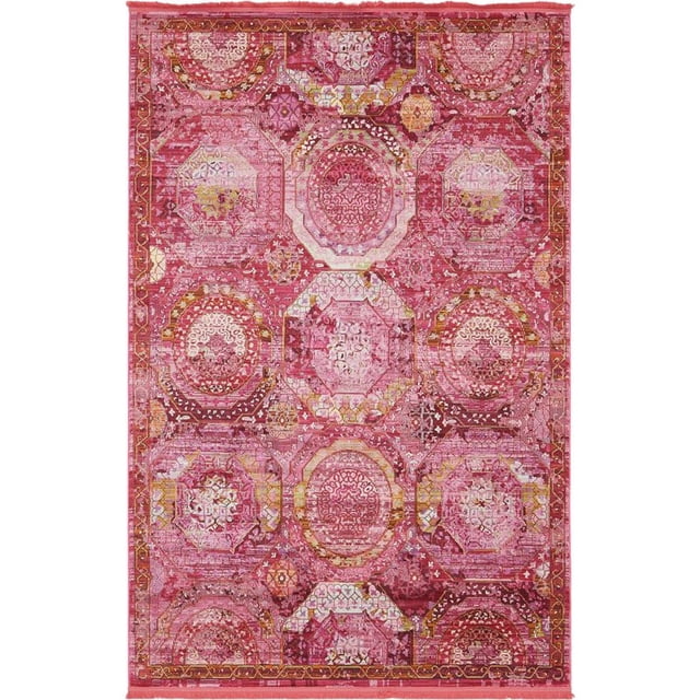 Unique Loom Baracoa Circles with Border Rug 5' 5 x 8' Rectangular Pink/Ivory