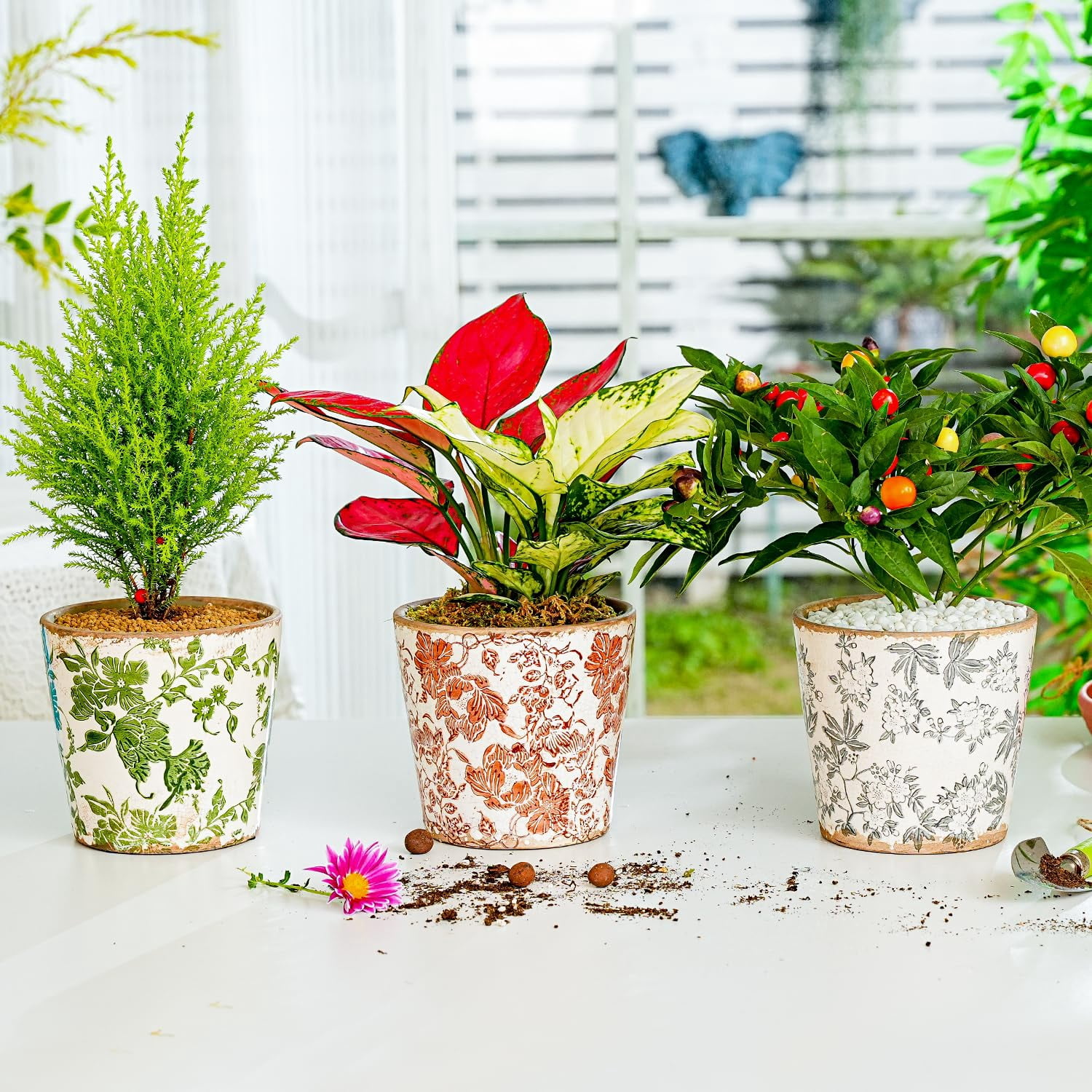 Sungmor Vintage Ceramic Plant Pots, Set of 3 Pretty Ice Cracked Glaze Ceramic Flower Pots, 5.5in. Herb Planters with Drainage Hole, Tuscan Planters for Indoor Outdoor Plants, Home Garden Decor Pot