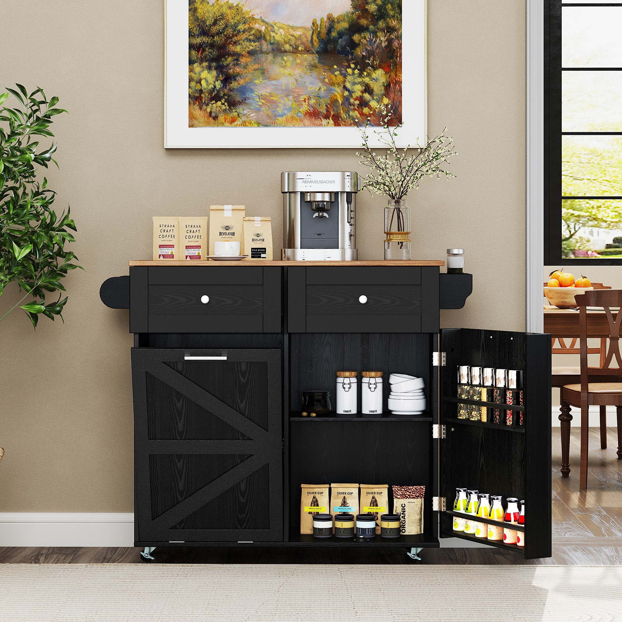 Costway Rolling Kitchen Island Kitchen Island Cart with Drop Leaf Trash Can Cabinet Black