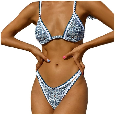 GEWSEY Womens Swimsuits Sexy Thong Micro Bikini Ditsy Floral Two Piece Sets Bathing Suit Color Block Bandeau Swim Top White  L