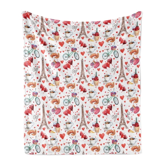 Romantic Soft Flannel Fleece Throw Blanket, Valentines Day Love Themed Paris Coffee Wine Parfumes Bikes with Heart Backdrop, Cozy Plush for Indoor and Outdoor Use, 50" x 60", Multicolor, by Ambesonne