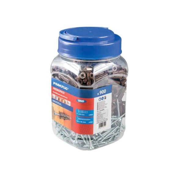 Rawlplug - Brown UNO Plugs & Screws in Jar (450 Plugs + 450 Screws)