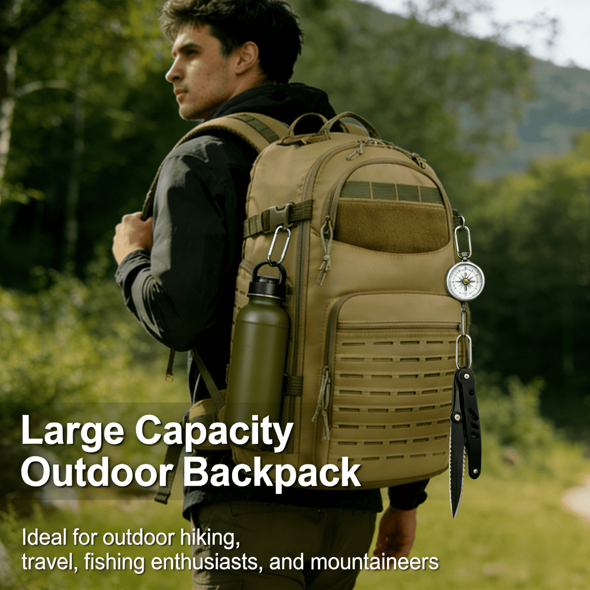 15.6 Inch Laptop Backpack - Large Capacity Outdoor Rucksack with MOLLE Webbing, Compass, Flag Patch, Survival Whistle,TYPE-C Outdoor Fire Starter (Hiking Camping Daily Commute)