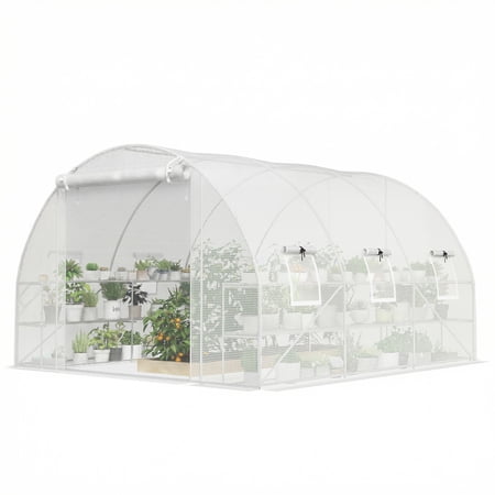 Dranite 10'x11'x6' Tunnel Greenhouse, Shelves, Mesh Door, PE Cover, White