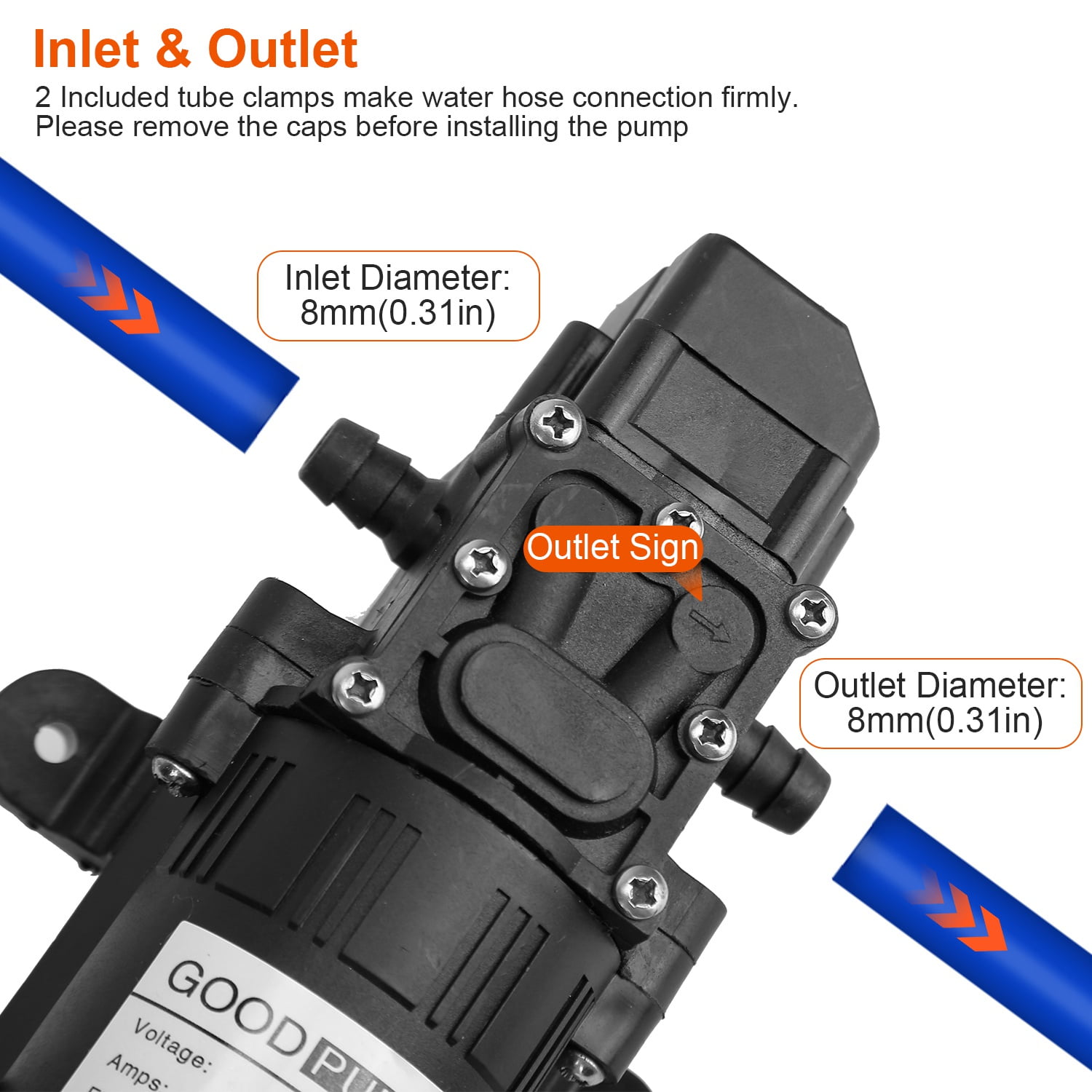 12V 100W Electric Diaphragm Water Pump w/ 2 Hose Clamps  123PSI Self Priming Sprayer Pump