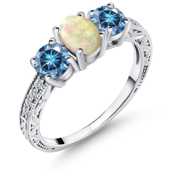 Gem Stone King 925 Sterling Silver 3-Stone Ring Oval/Cabochon White Ethiopian Opal and Vivid Persian Blue Moissanite | 1.63 Cttw (Size 6)