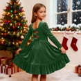 thumbnail image 3 of Girls Long Sleeve Velvet Dress Crew Neck Bow Back Princess Dress Ruffle Hem Formal A-Line Dresses Vintage Christmas Party Dress, 3 of 6