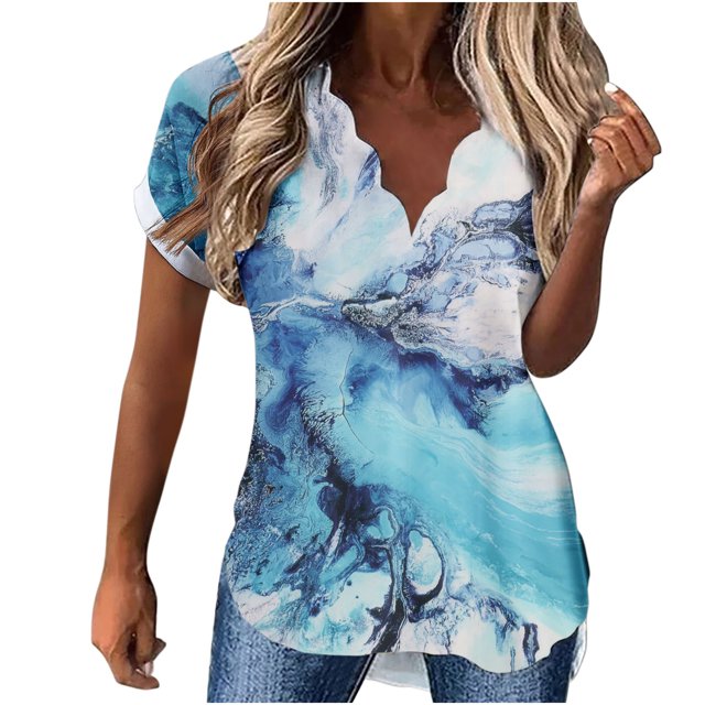 Blusa de manga corta con cuello en V y estampado informal de verano para mujer Fridja hjk6278
