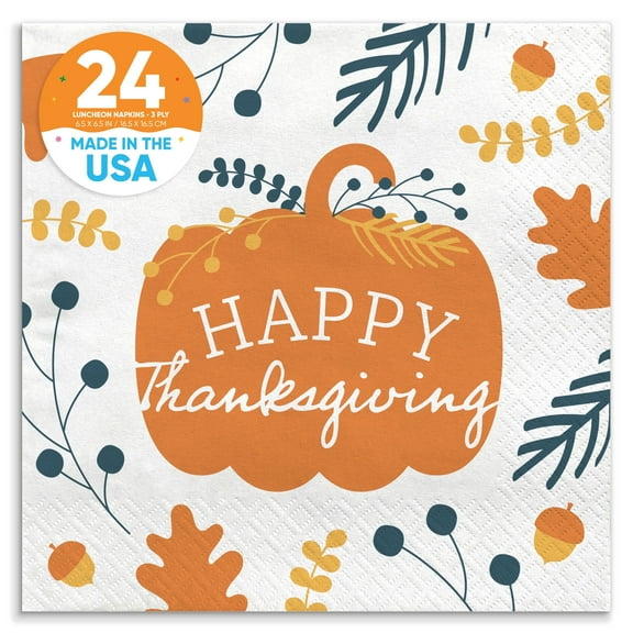 Big Dot of Happiness Happy Thanksgiving Napkins, Fall Harvest Party Decor, White 3-Ply Paper Luncheon Dinner Napkins - 24 Count