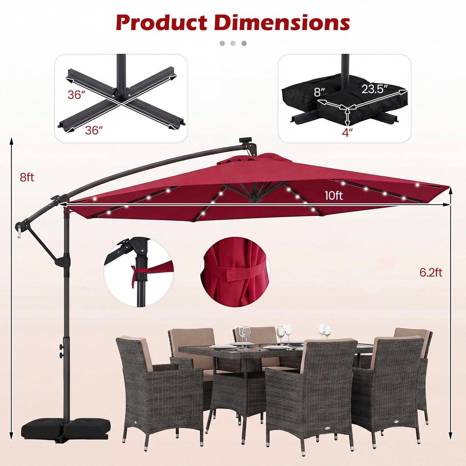 Costway 10 FT Solar Offset Hanging Umbrella Patio Cantilever Umbrella with 32 LED Lights Red